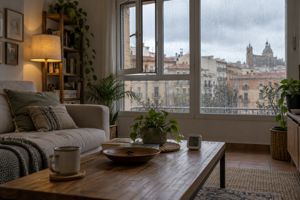 Ventana ligeramente abierta durante la lluvia y un higrómetro en la mesa de un piso.