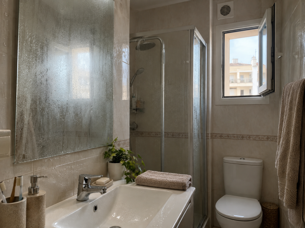 Baño tras una ducha con espejo empañado, extractor visible y ventana abierta.