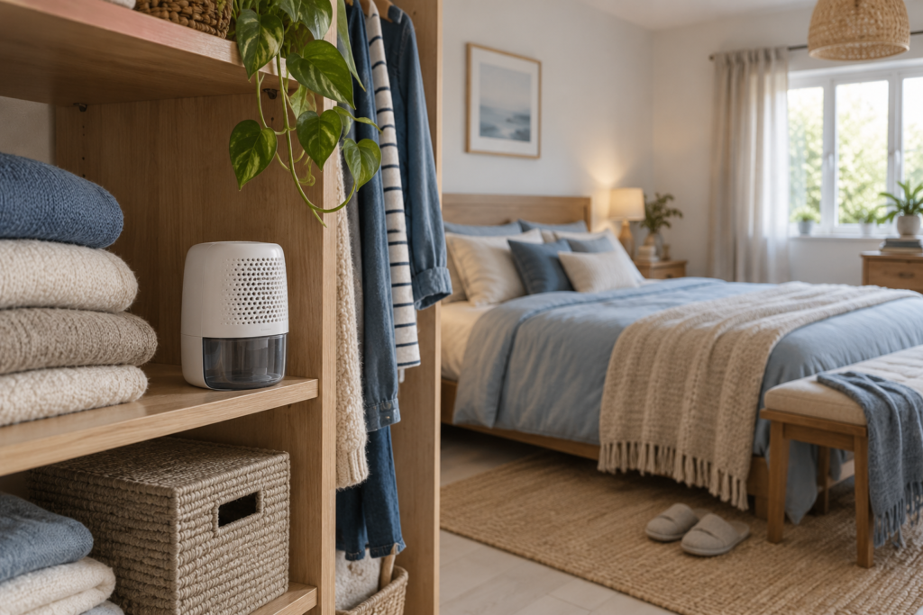 Pequeño deshumidificador Peltier en una estantería abierta junto a un dormitorio