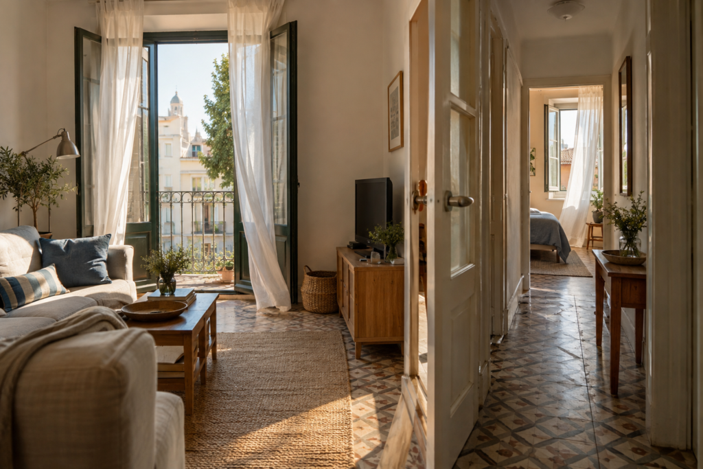 Dos ventanas abiertas en estancias conectadas de un piso pequeño con cortinas movidas por el aire.