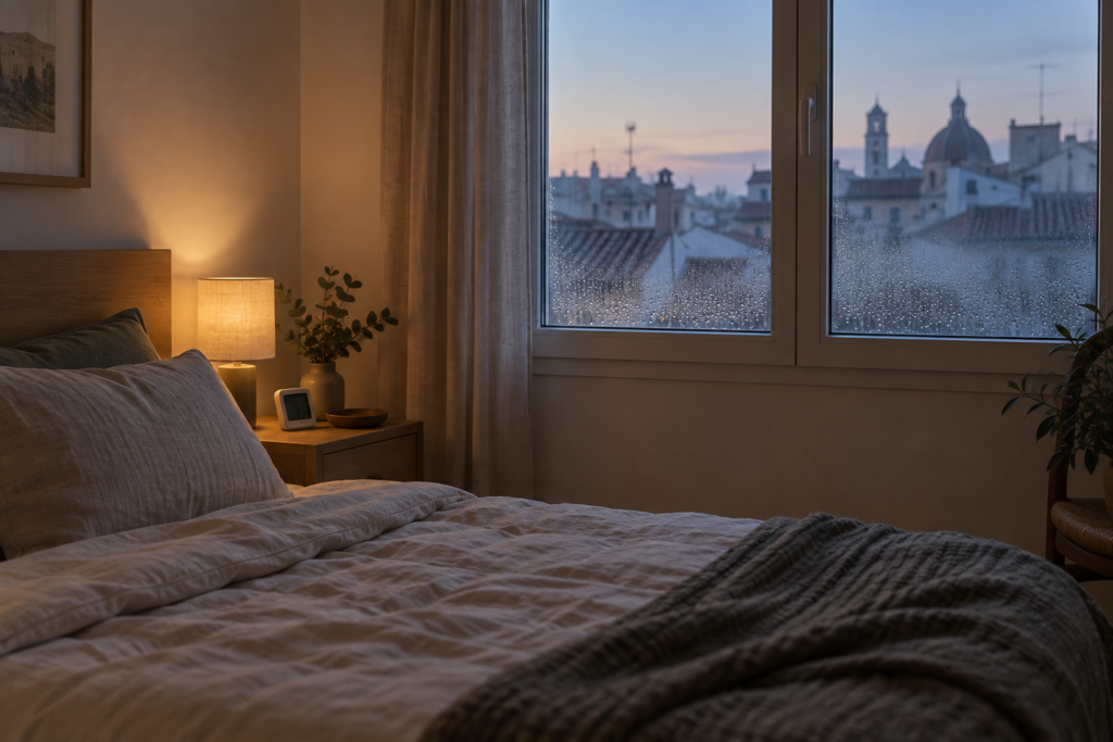 Dormitorio al amanecer con gotas en la cara interior de la ventana y un higrómetro en la mesilla.