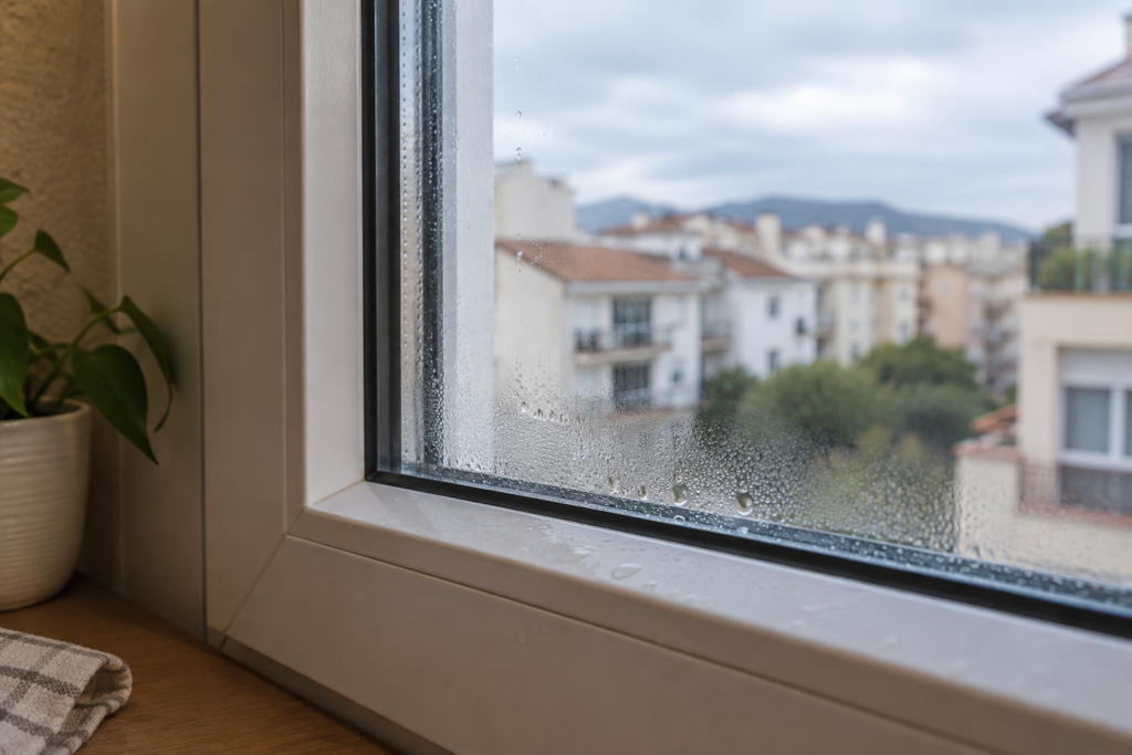 Gotas de condensación en la cara interior de una ventana de doble acristalamiento.