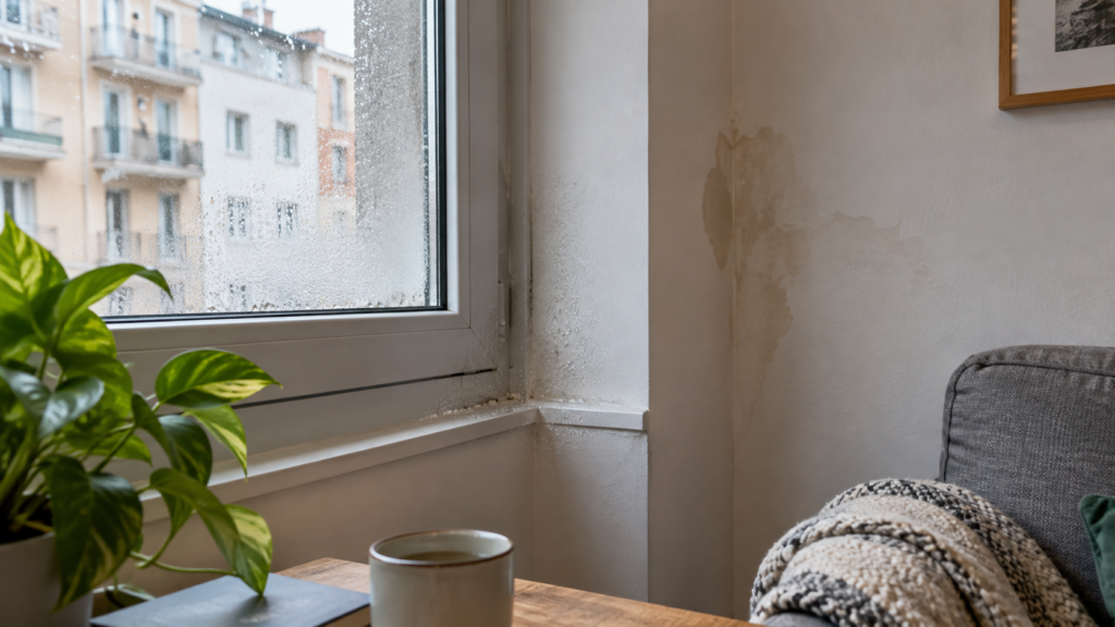 Ventana con gotas y mancha localizada en una pared próxima, como ilustración de dos señales que requieren evaluación.