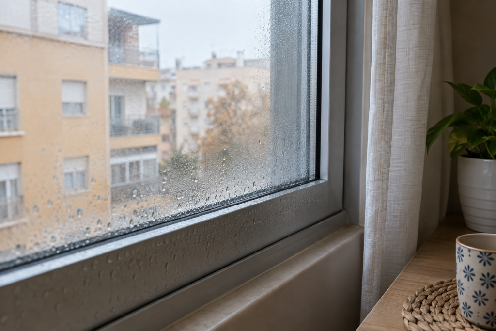 Gotas de condensación en la cara interior del cristal y el marco de una ventana de aluminio.