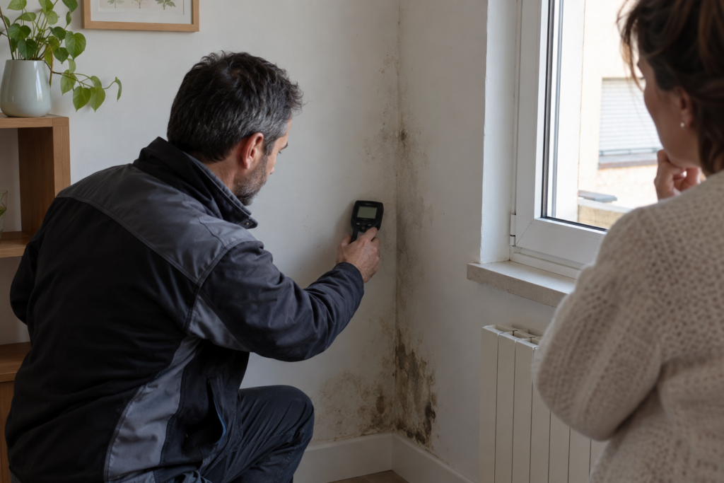 Técnico inspeccionando una mancha de humedad en pared junto a una ventana mientras una persona observa.