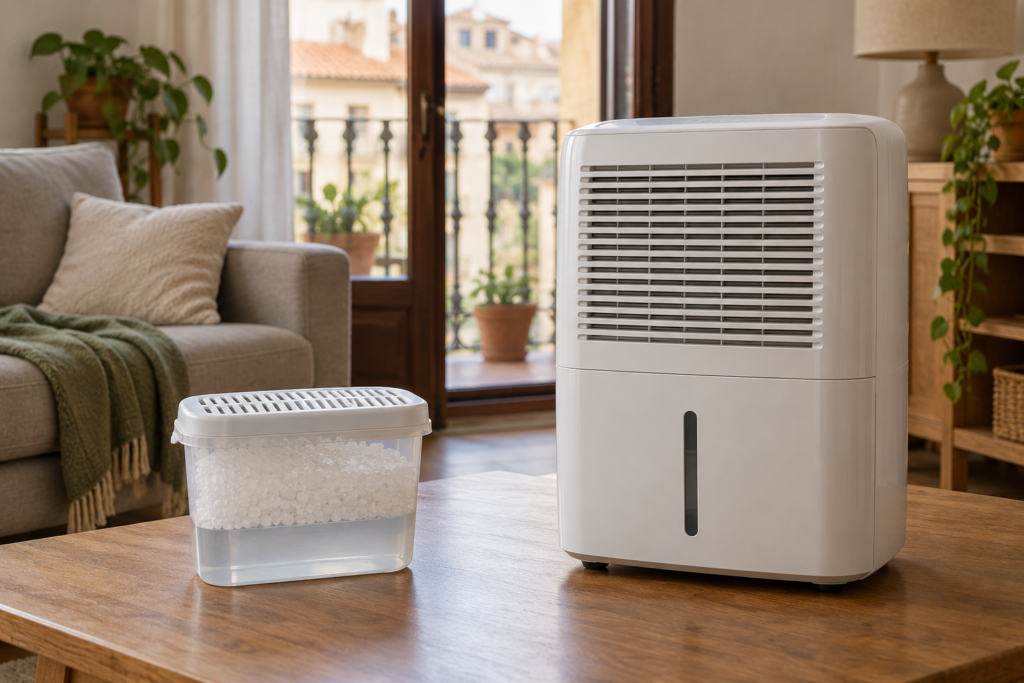 Absorbente de humedad con cristales junto a un deshumidificador eléctrico grande