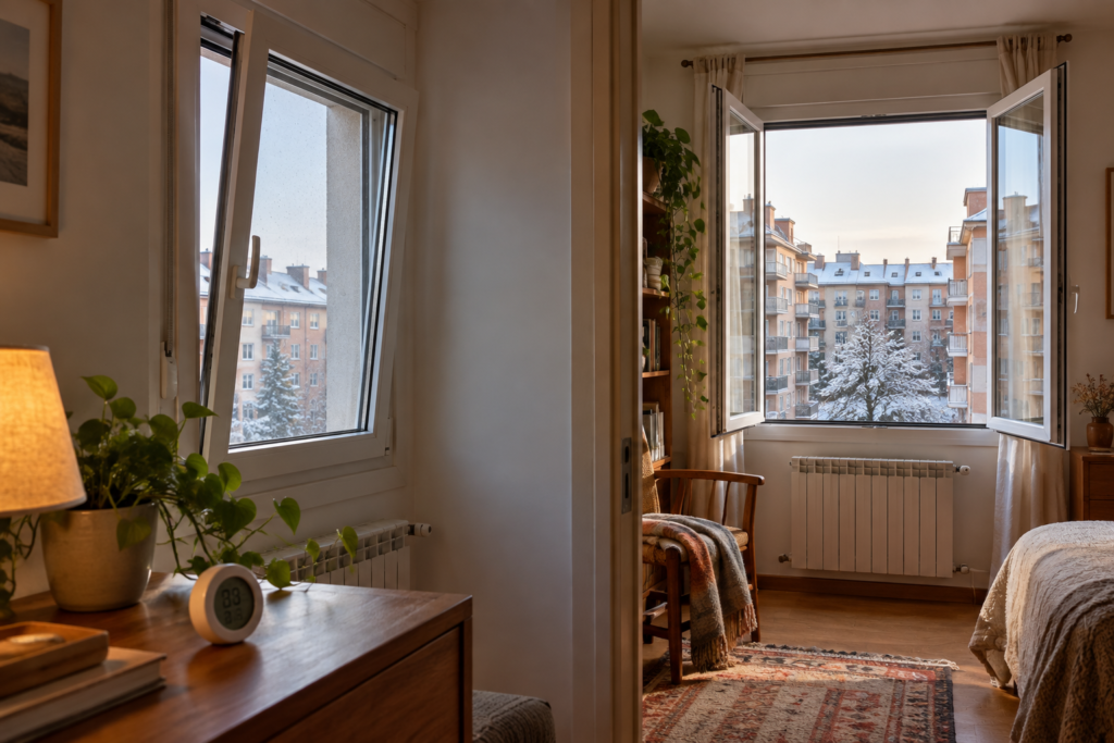 Una ventana oscilobatiente entreabierta y otra completamente abierta en habitaciones de invierno.