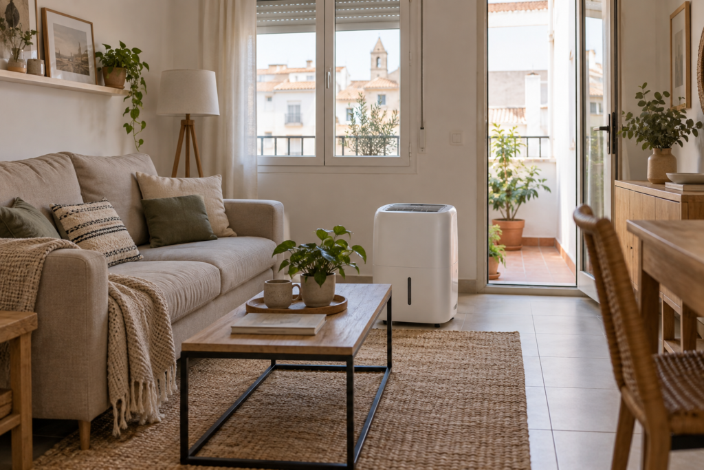 Deshumidificador portátil con espacio libre alrededor en el salón de un piso pequeño