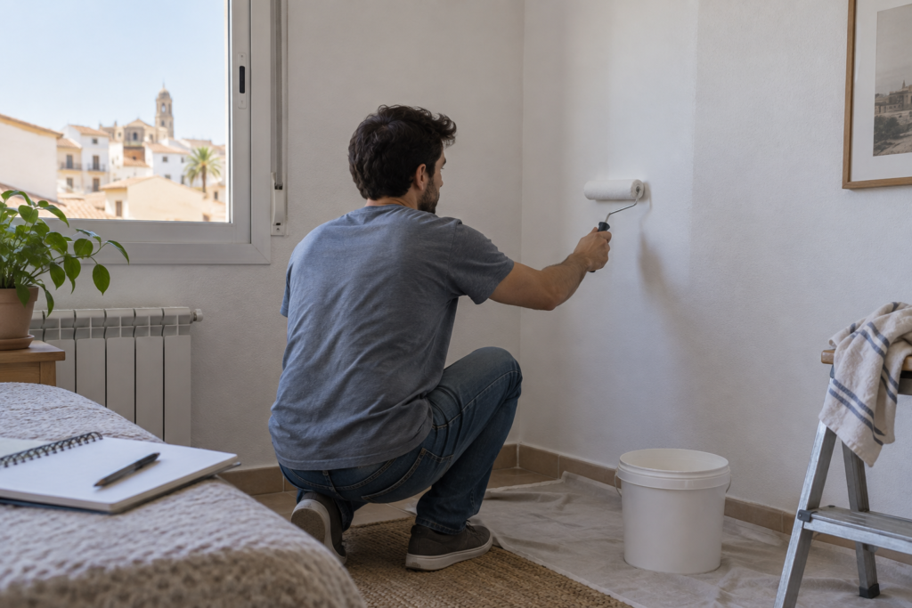 Persona aplicando pintura blanca en una pared interior seca con rodillo y bote sin marca.