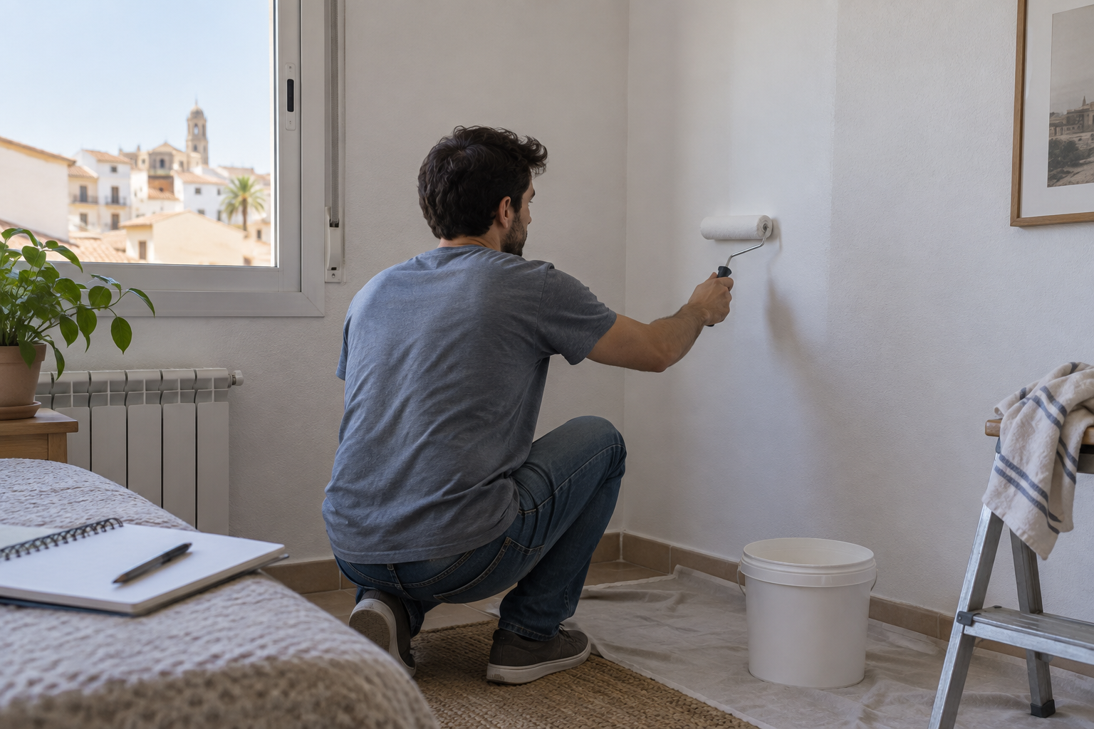 Persona aplicando pintura blanca en una pared interior seca con rodillo y bote sin marca.
