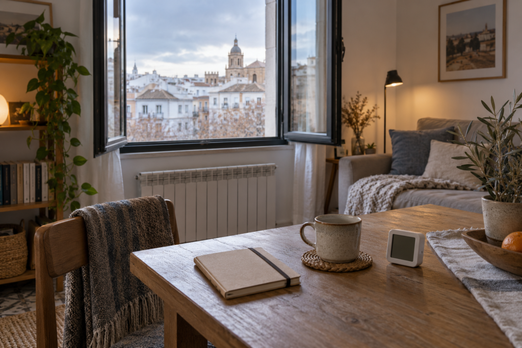 Ventana abierta en invierno en un piso con un higrómetro y cuaderno sobre una mesa interior.