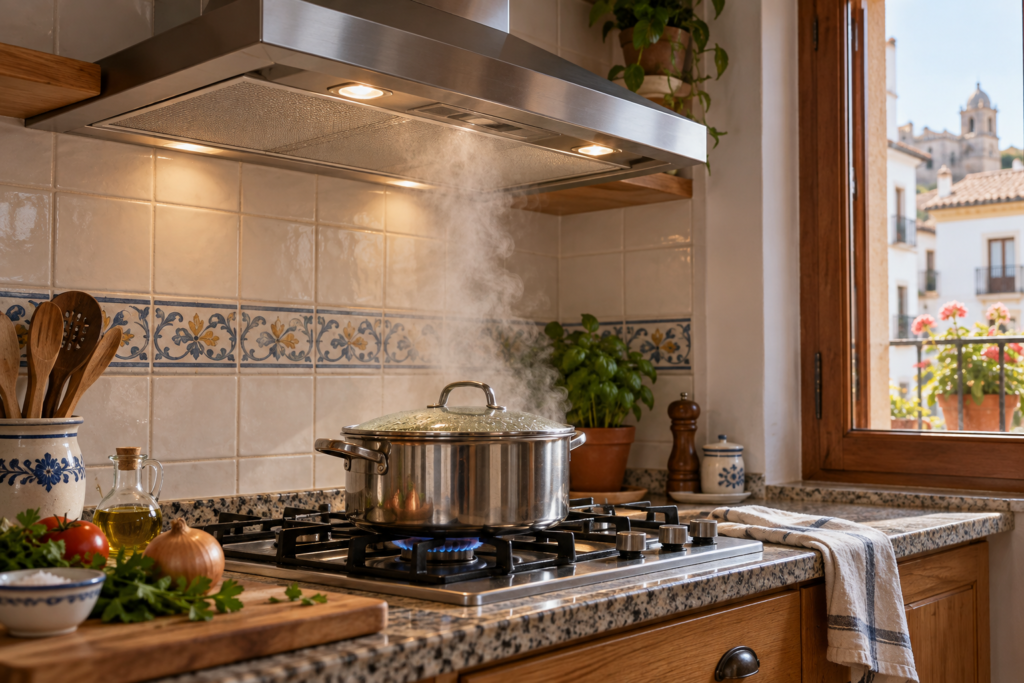 Olla con tapa bajo una campana extractora en una cocina doméstica.
