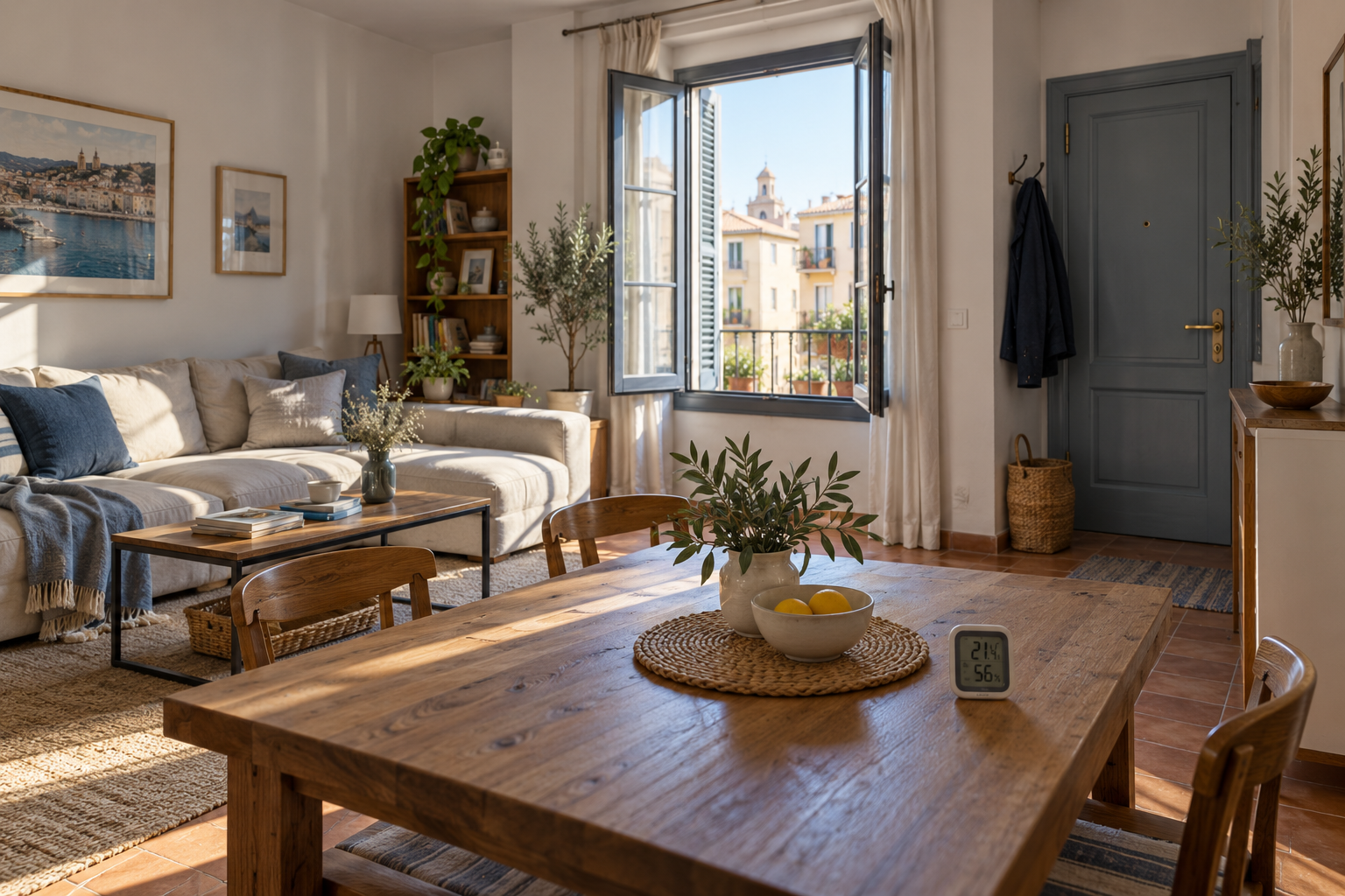 Salón de un piso con ventana abierta por la mañana antes de salir de casa