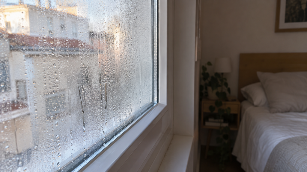 Gotas de agua en la cara interior de la ventana de un dormitorio por la mañana.