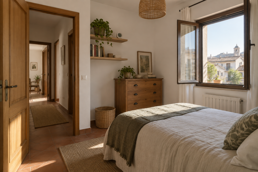 Habitación pequeña con una sola ventana abierta, puerta al pasillo y un higrómetro en una estantería.